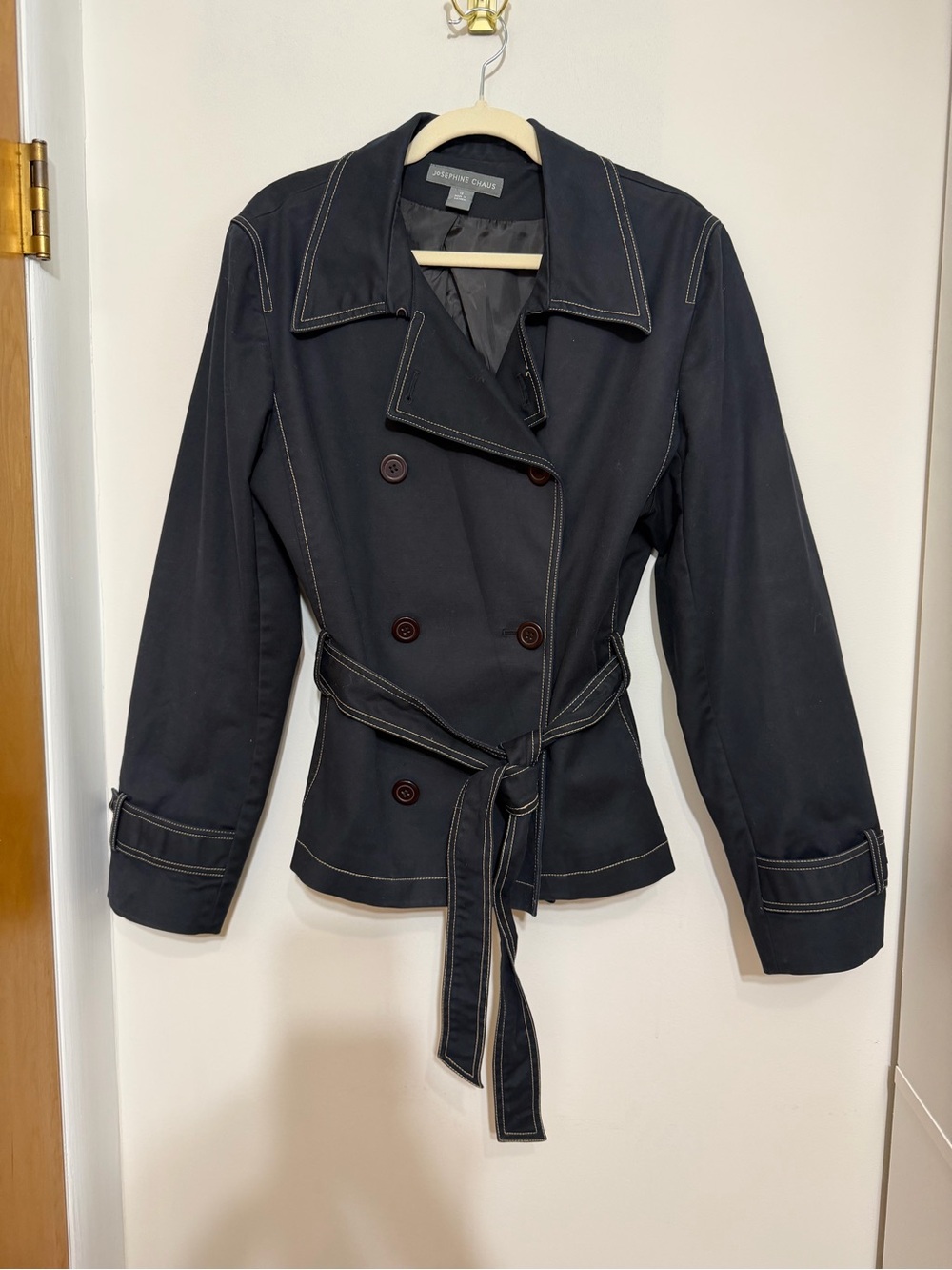 Josephine Chaus Navy Blue Belted Trench Jacket Size 16 Contrast Stitch - Picture 5 of 12